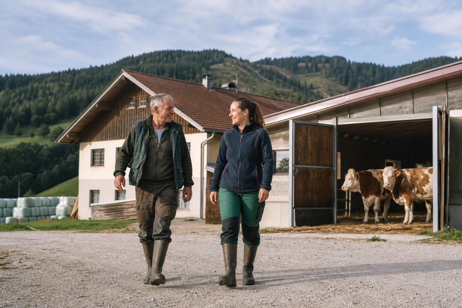 Hofeigentümer und erwachsene Tochter vor einem österreichischen Rinderstall